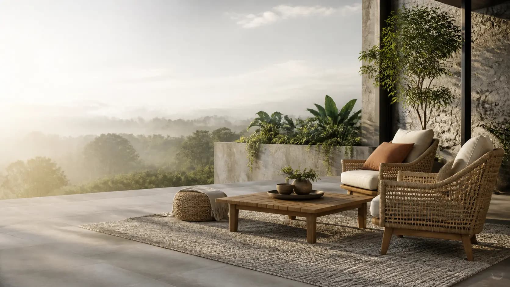 Refined outdoor terrace with premium furniture and an area rug